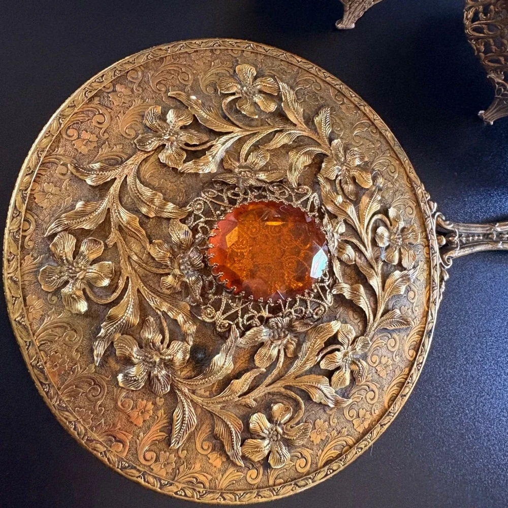 Antique vanity set trinkets case hand mirror‎ brush cup 4 pc amber glass